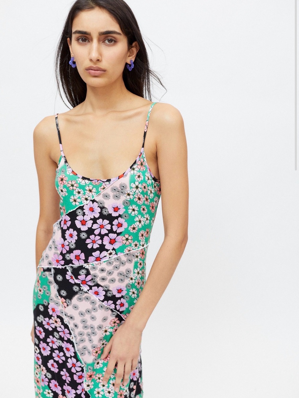 Urban Outfitters Floral Patchwork Slip Midi Dress — Green, Black, Pink